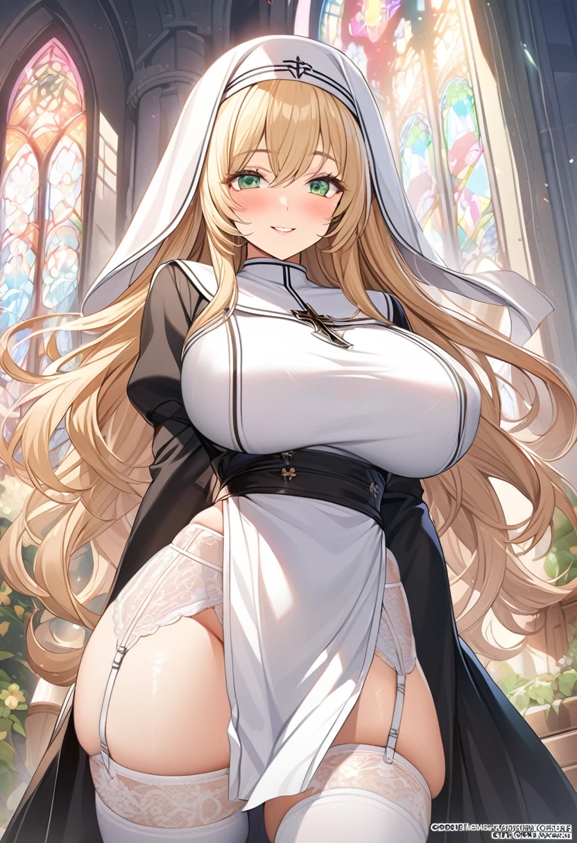 masterpiece, Highest quality, Official Art, Highly detailed CG Unity 8k wallpaper, Detailed Background, (Handcrafted by Guido Daniele), (Finger details), Mature Woman1, (Curvy), (Nuns),  (standing in church), (Nuns gown:1.12), (Chest curtain:1.4), (Nuns skirt:1.11), (White Garter Straps Garter Belt:1.12), (Blonde long hair:1.12), (Hair intake:1.12), (Green Eyes:1.2), blush, (Loving smile, holy smile), (Huge breasts:1.5、Sagging breasts:1.5、Long Breasts:1.3、sagging breast:1.5), Tight waist, Shiny skin, (Cross Necklace), indoor, (Sacred Scene), (church:1.11), (Sunlight streaming through stained glass),Mature Woman、((sit、足を広げてsit))、Monastic Clothes、White panties、Photographed from diagonally in front