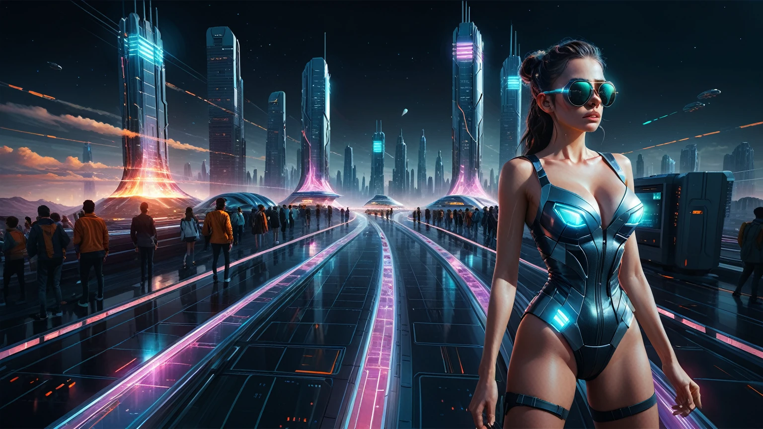 Brightly colored abstract aerial view image of a (((((futuristic railway station))))) with a spiral, a (((futuristic all-glass train))) passing by, epic beautiful space sci-fi, chaotic cinematic space rift, Greg Beeple, planets colliding, Beeple and Tim Hildebrandt, Beeple and Jean Giraud, end of the universe, (((giant glass lion sculpture))), galaxy space sci-fi, ringworld, by Mike "Beeple" Winkelmann. Matrix style, (((Matrix cascading code))), (((a futuristic twin tower skyscraper with a unique twisted design))), (((OLED GUI interfaces in the building))), at night, (((((1girl, solo))))), photo realistic, (((((((large-breast:1.2 body, cleavage:1.4))))))), (((((off broken mini sling-shirt and black sling bra, extreamly short pleated miniskirt exposing panty))))), (((((running pose))))), (((((((matrix style black micro sunglasses))))))), ((((((((((aiming with a short gun)))))))))), (((((looking at camera))))), (((very low view))), (((((half-body thigh level medium shot))))), (((cinematic lighting))).