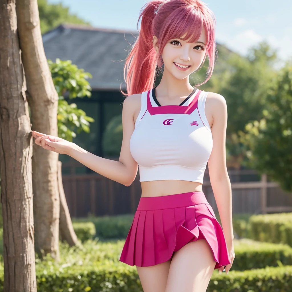 1 Girl, Game CG, Sleeveless white cheerleader, The underboob is visible, I can see my belly button, Red short skirt, Huge breasts, Pink Hair, Long Hair, ponytail, Princess hairstyle, Ahoge, Pink Eyes, Off-campus , blue sky, wood, Jump, smile, Open your mouth,