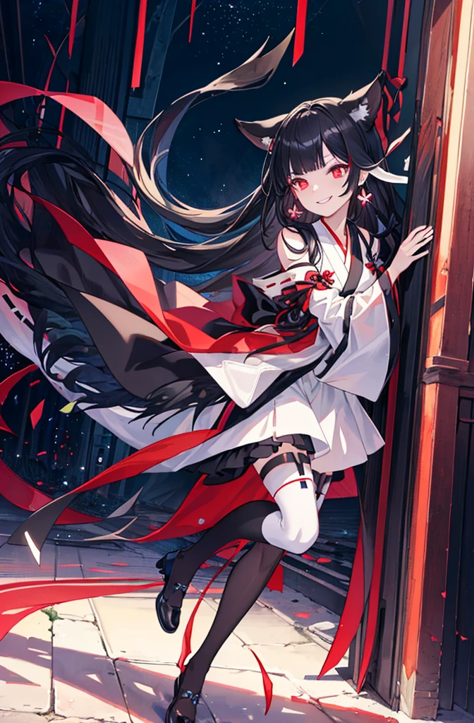 [(detailed Background:1.4)::5],Original,(Illustration:1.1),(Best Quality),(masutepiece:1.1),(the Extremely Detailed CG Unity 8K Wallpapers:1.1), (Colorful:0.9),(mid-shot:0.95),(very detailed beautiful full body),Dynamic Angle,(Solo:1.2), (girl),(((Adult))), (Detailed beautiful eyes:1.15), (Beautiful face:1.15), (glowing red eyes:1.25////),(black hair),paleskin，Pink pupils，Red bow，amaryllis，((Evil smile))，Crystal earrings on the ears，Raven feather skirt,full body,wearing miko thighhighs,((black long hair)),black long hair,night,slim body,thin legs,slender,