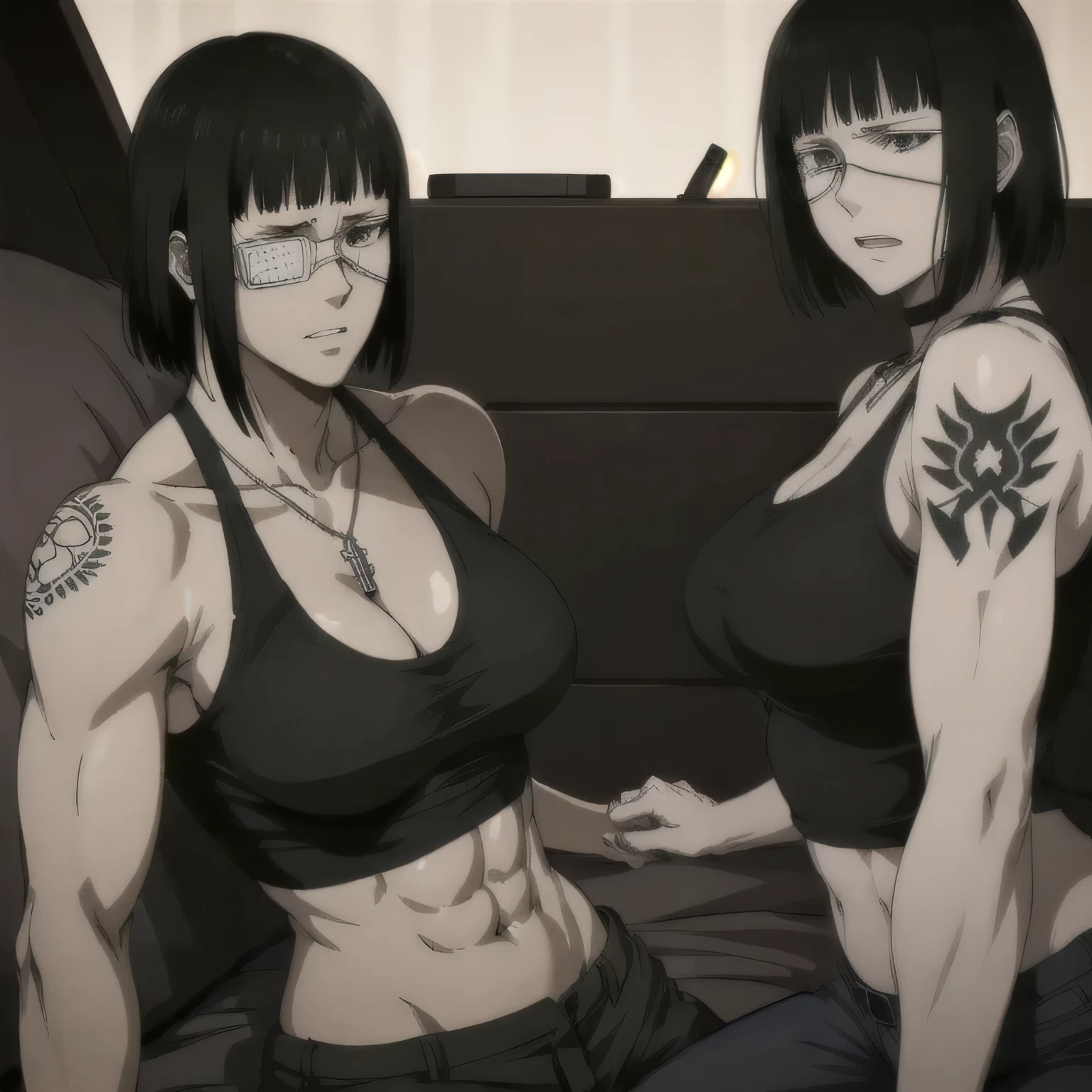 (best quality,ultra-detailed,realistic:1.37),musclaur badass girl with sculpted body with preview her musclaur body, full review of the female character  face and body, intense expression, strong and confident posture, studio lighting, vivid colors, physiologically-based rendering, grungy texture, rugged background, dust particles in the air, commanding presence, professional, powerful, gritty aesthetics,,Valmet،short hair,necklace,Light reflection on shoulders،wearing military male  and midriff tank top, tattoos on shoulders،lying in bed,eyepatch,Shining muscles,Shining skin,reviewing ,two girl's sleeping together,sleeping,close eyes,deep sleeping,lying down