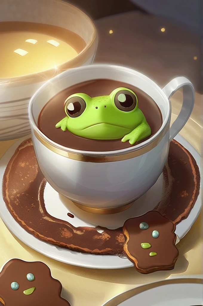 ((Лучшее качество)), ((шедевр)), (подробный), Draw a toad that drinks coffee and eats gingerbread