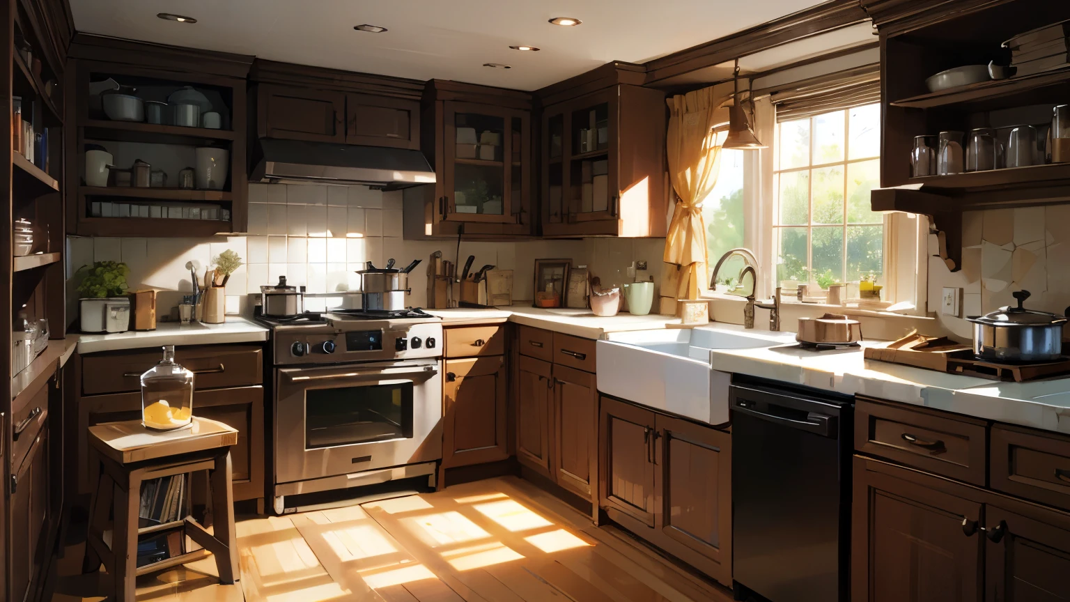 Kitchen with magic potions, old books and a big old cooking pot on the stove