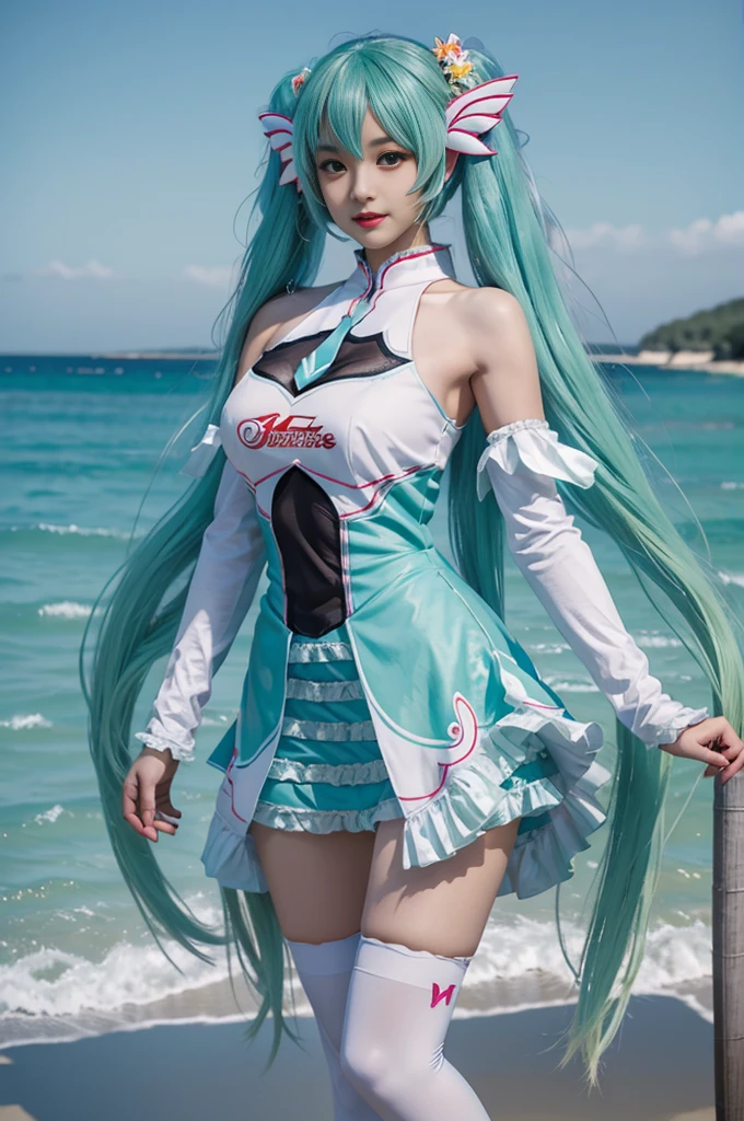 hatsune miku cosplay costume, cosplay, racing miku, hatsune miku, twintails, very long hair, aqua hair, hair ornament, dress, sleeveless, bare shoulders, detached sleeves, thighhighs, print legwear, high heels beauty, Beautiful woman,Have a perfect body:1.4,Layered Hairstyle,((Big breasts)), ((D cup)), Visible cleavage,Bare shoulders, Highly detailed face and skin texture,Double eyelids,Skin Whitening,Long hair,Whitening long legs,Standing by the sea, Fashion girl, Red lips, Sweet maiden, Beautiful makeup, detail, lifelike, Very detailed, amazing, beautiful, Young and energetic, high quality,High Definition, rich and colorful,Exquisite, Smooth skin, The skirt is short, Lift the skirt with your hands, Elegant and charming posture, Official Art, Extremely detailed, Movie atmosphere, Soft colors, Natural skin texture,