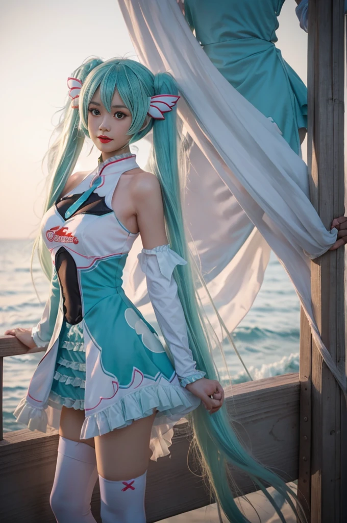 hatsune miku cosplay costume, cosplay, racing miku, hatsune miku, twintails, very long hair, aqua hair, hair ornament, dress, sleeveless, bare shoulders, detached sleeves, thighhighs, print legwear, high heels beauty, Beautiful woman，Have a perfect body：1.4，Layered Hairstyle，((Big breasts)), ((D cup)), Visible cleavage，Bare shoulders, Highly detailed face and skin texture，Double eyelids，Skin Whitening，Long hair，Whitening long legs，Standing by the sea, Fashion girl, Red lips, Sweet maiden, Beautiful makeup, detail, lifelike, Very detailed, amazing, beautiful, Young and energetic, high quality，High Definition, rich and colorful，Exquisite, Smooth skin, The skirt is short, Lift the skirt with your hands, Elegant and charming posture, Official Art, Extremely detailed, Movie atmosphere, Soft colors, Natural skin texture,