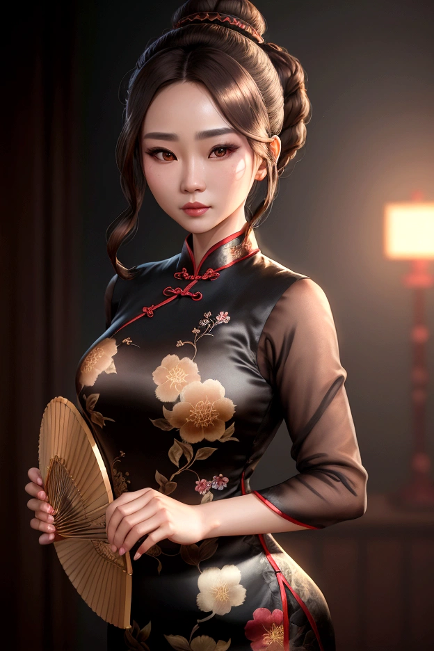 1woma, brown hair, brown eyes, hair bun, blurry, lips, cheongsam, black silk clothes, floral print, hand fan, dramatic lighting, depth of field, photon mapping, radiosity, physically-based rendering,