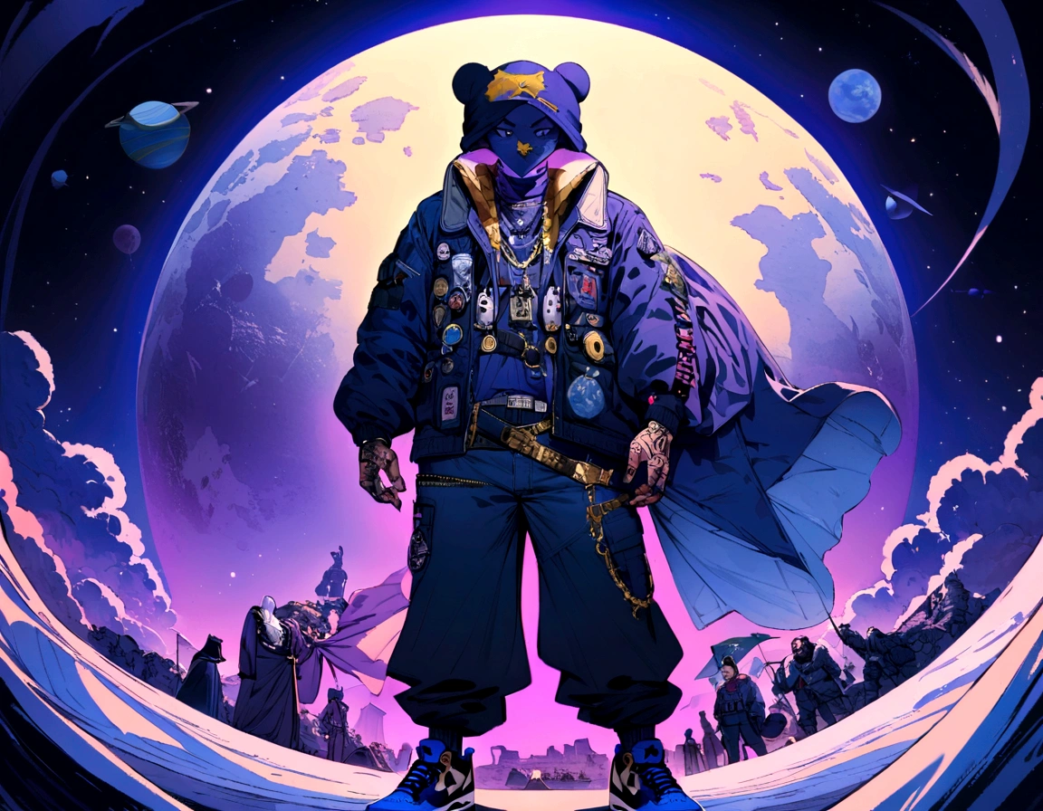 Create a standing character, facing the front, featuring , on top of the moon. featuring uma roupa gangster e escura, featuring barba preta, featuringpleta e pequena no rosto, just a piercing shining on the left eyebrow, a black cap on the head, and a Jordan 4 sneaker on the white and blue foot, without any tattoo. The planet Earth in the background behind the character, and a purple flag, marking the territory of Brazil, in space, and some stars and planets in the background.