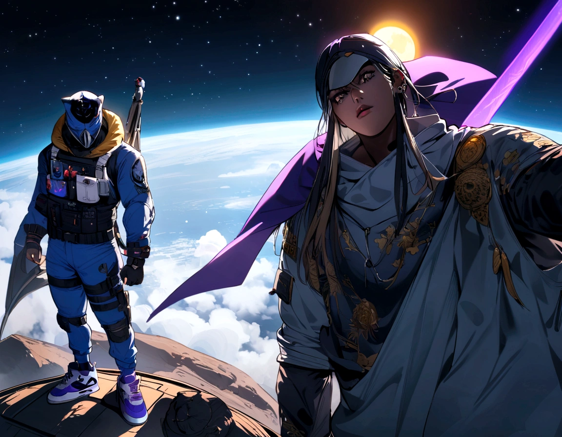 Create a standing character, facing the front, featuring , on top of the moon. featuring uma roupa gangster e escura, featuring barba preta, featuringpleta e pequena no rosto, just a piercing shining on the left eyebrow, a black cap on the head, and a Jordan 4 sneaker on the white and blue foot, without any tattoo. The planet Earth in the background behind the character, and a purple flag, marking the territory of Brazil, in space, and some stars and planets in the background.