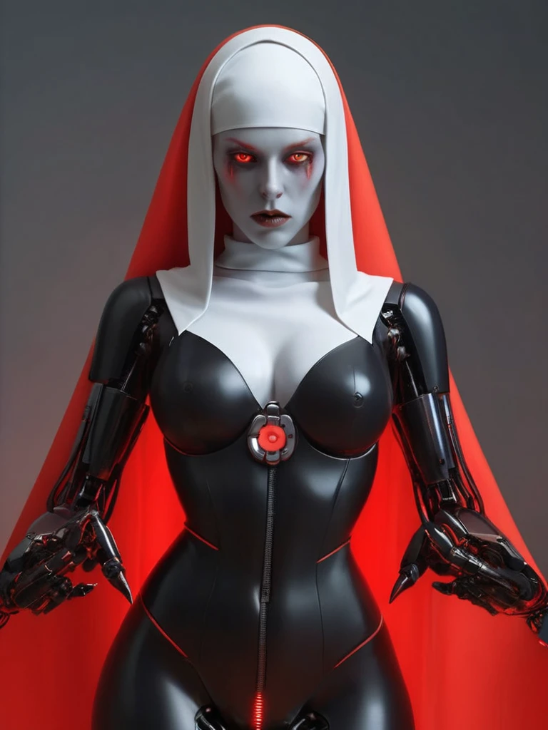 ral-opal, meahophontron, full body, woman robot face, devil nun, negro, looking at camera, body nun clothes, red eyes, primer plano looking at camera, realist, beautifull woman, background image hell, sexy face, black clothes, gray and red.