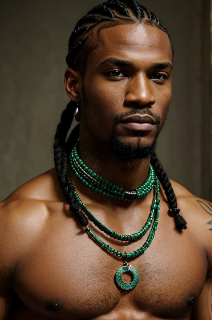 Handsome black man with a cornrow hairstyle, green eyes, no  hair & a tattoo wrapped around his neck featuring different animals. 