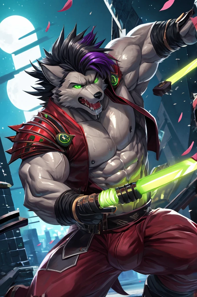 (best quality,4K,8K,highres,masterpiece:1.2),ultra-detailed,sexy furry Wolf boy with well toned abs,wolf snout, wolf ears,Wolf tail,cyberpunk samurai,purple highlights in hair,black hair,punk hairstyle,action pose with katana,sharp focus,professional,vivid colors,studio lighting,dark atmosphere,lit by moonlight,glowing green eyes,expressive,sexy samurai armor,dynamic movement,mysterious background scenery,sinuous motion,intense fight scene with flying cherry blossoms,Huge penis,Crying face,profuse sweat and drool,,Well-trained muscles like a bodybuilder