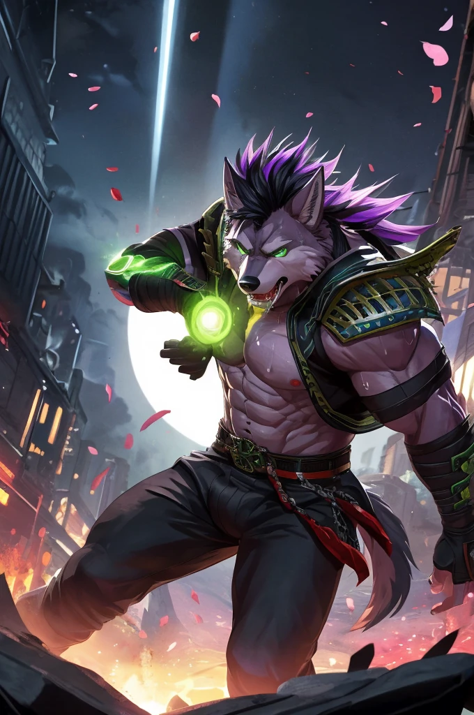 (best quality,4K,8K,highres,masterpiece:1.2),ultra-detailed,sexy furry Wolf boy with well toned abs,wolf snout, wolf ears,Wolf tail,cyberpunk samurai,purple highlights in hair,black hair,punk hairstyle,action pose with katana,sharp focus,professional,vivid colors,studio lighting,dark atmosphere,lit by moonlight,glowing green eyes,expressive,sexy samurai armor,dynamic movement,mysterious background scenery,sinuous motion,intense fight scene with flying cherry blossoms,Huge penis,Crying face,profuse sweat and drool,,Well-trained muscles like a bodybuilder
