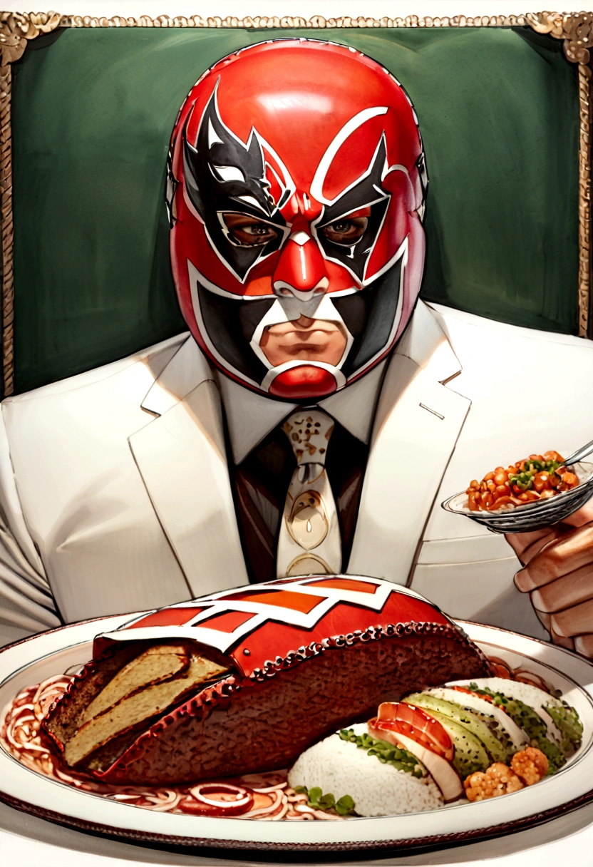 Lucha libre masked man, buff, wearing a suit and enjoys a nice meal. Album cover called "Ricky Meatloaf"