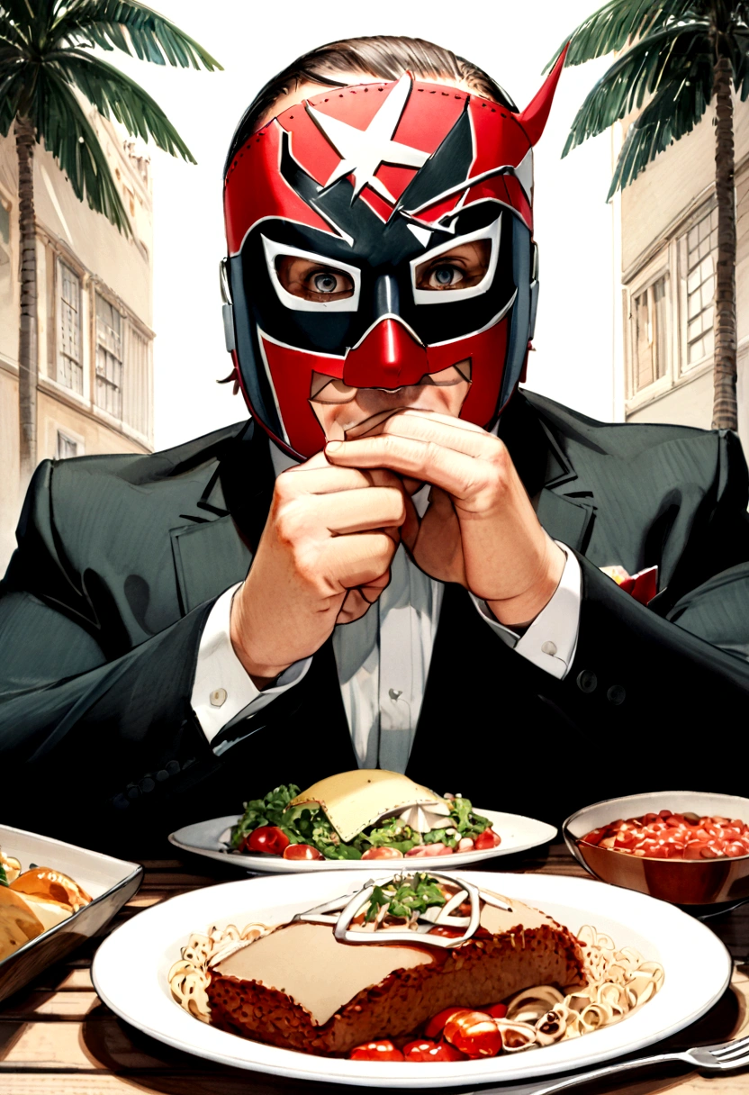 Lucha libre masked man, buff, wearing a suit and enjoys a nice meal. Album cover called "Ricky Meatloaf"