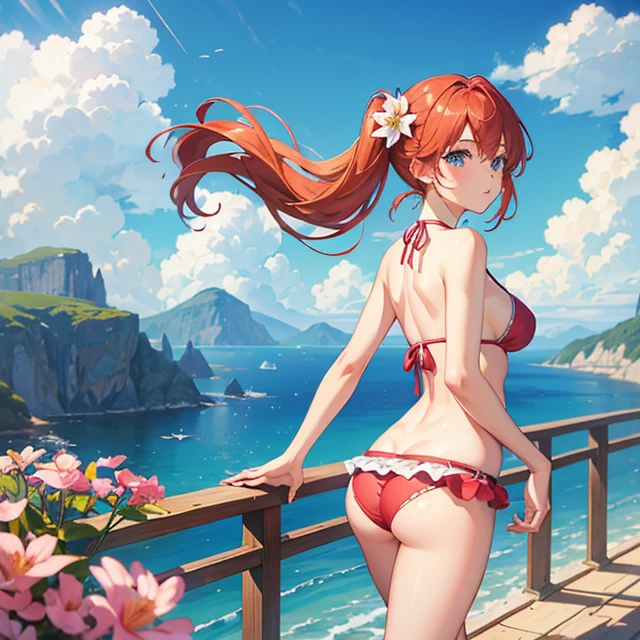 (masterpiece, best quality, detailed), 1girl, solo, looking at the sky
ElfGirl, reddish orange hair, medium hair, 1 left hair short pigtail tied with two flowers, light blue eyes, smile, closed mouth, huge breasts, big butt, beautiful legs, lightblue flower at side of hair, (pale pink bikini), wooden docks, midday, blue sky, cloud, scenery, walking, adjusting her own bikini's panties