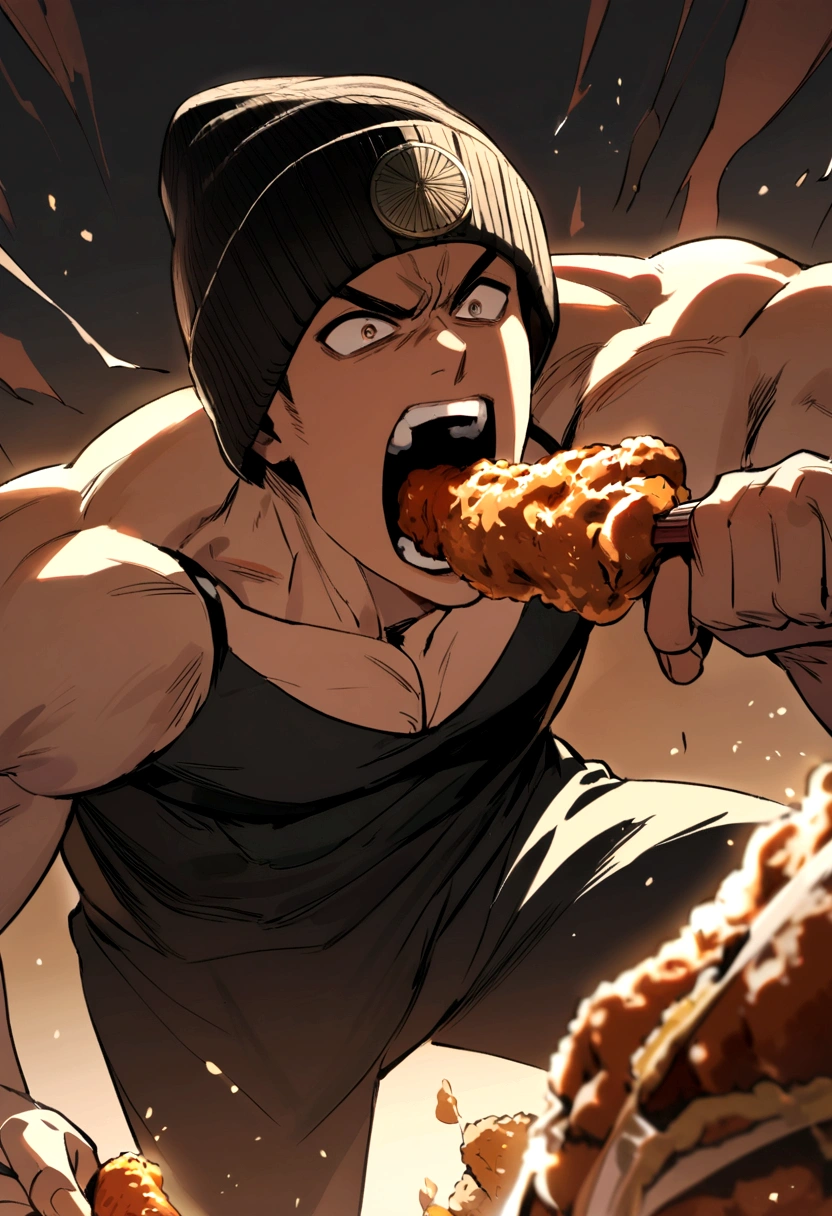 Fit boy with medium long brown hair and black beanie hat eating fried chicken in a threatening manner