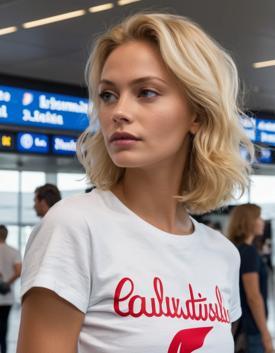 belle fille blonde à l'aéroport portant un jean skinny moulant et des talons Louboutin, bronzé, t-shirt blanc, petits seins ronds et fermes, T-shirt , photo franche, pose franche, expression assurance sur son visage, Lèvres entrouvertes, Lumière douce from the side, rétroéclairé, éclairage doux du matin, dressed in a T-shirt, soutien-gorge pigeonnant, Lumière douce, (coiffure bob en désordre, blond blanc hair color), les cheveux en désordrestyle, cheveux mi-longs, les cheveux en désordre, coiffure sauvage, les cheveux en désordrestyle, blond blanc, 5 pieds 3 pouces de hauteur, 110 livres de poids, Seins 34G, clivage, photoréaliste, 4K, UHD, vue de côté, tir en la regardant, tire une valise à roulettes à l aéroport, valise très réaliste