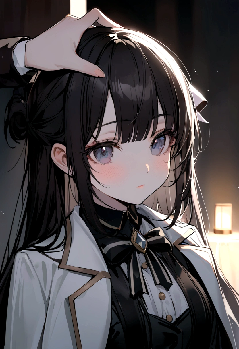 Open cousin, I want a girl with long loose hair with black bangs with a BOW TIED UP on her head, head slightly lowered look to the left focus on the face sample on the shoulders a little