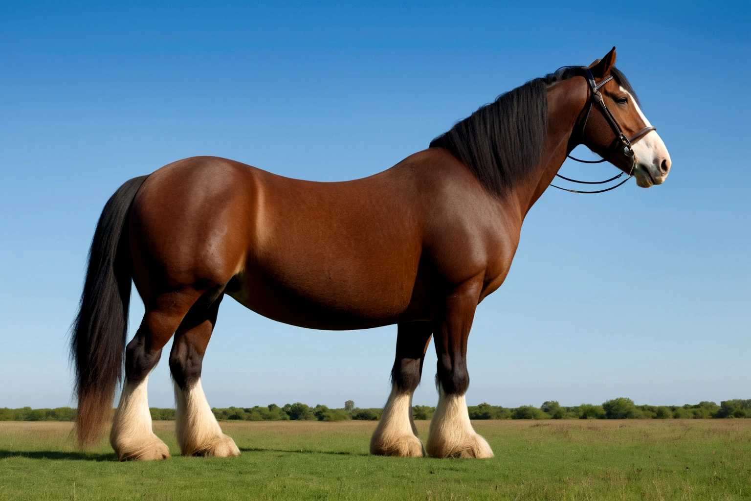 full side view of a big fat Clydesdale horse mare with a massive bum and a very short tail. horse facing horizon . BBW very full figured very dark skinned BBW nude African woman riding horse. flat grass meadow. looking to horizon . a single huge pile of steaming horse dung on the ground behind horse. cloudless blue sky.