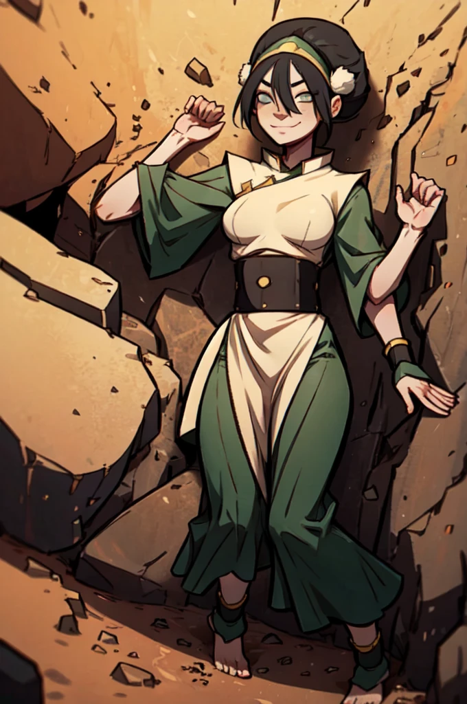 toph bei fong, short black hair, white eyes, headband,hair ornament, blind, green chinese dress, tunic, barefoot, serious, smirk, lying, on back, spreading legs, on dirt, rocks, from_above, sunny,  high quality, masterpiece, 
 