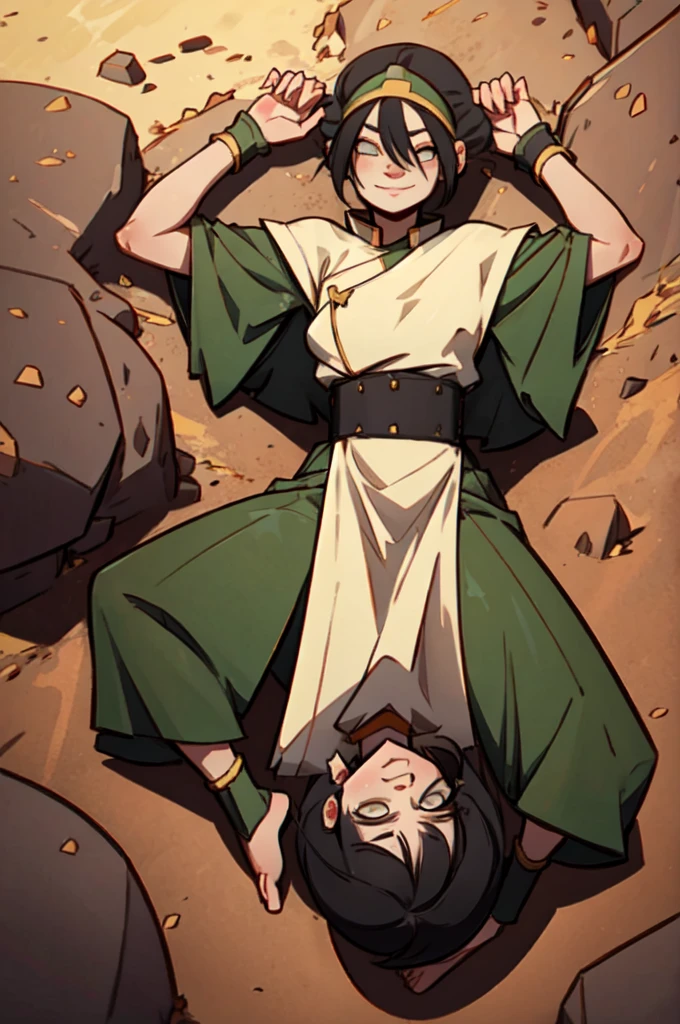 toph bei fong, short black hair, white eyes, headband,hair ornament, blind, green chinese dress, tunic, barefoot, serious, smirk, lying, on back, spreading legs, on dirt, rocks, from_above, sunny,  high quality, masterpiece, 
 