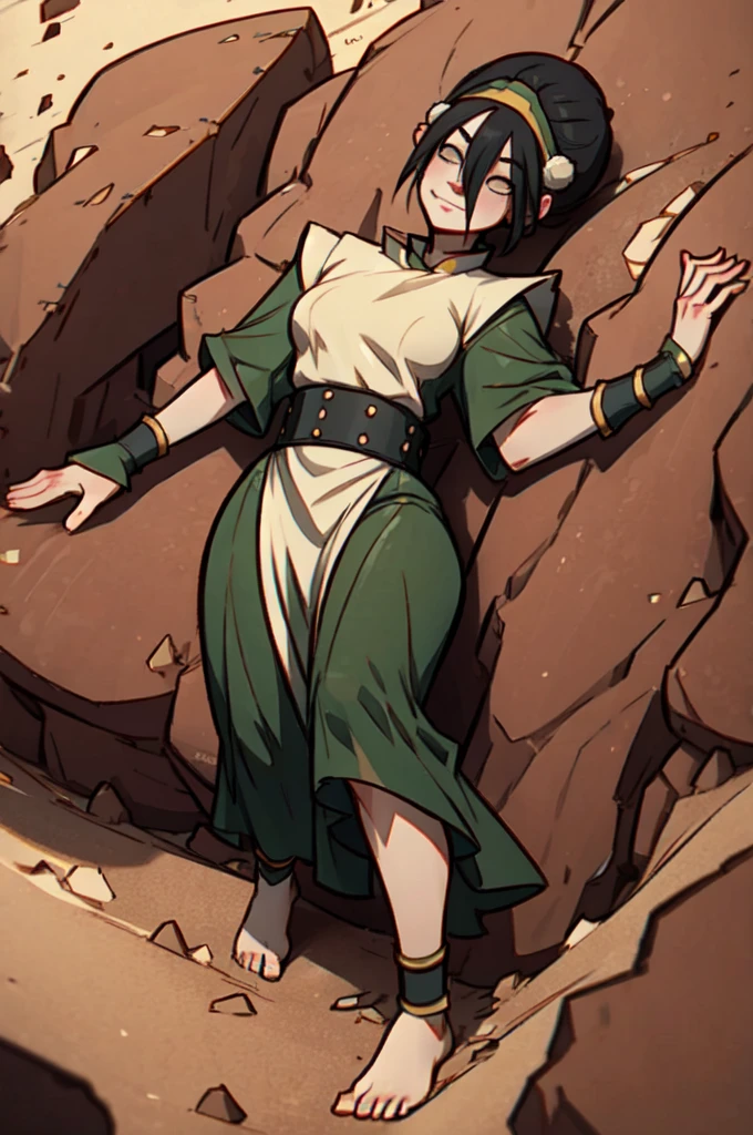 toph bei fong, short black hair, white eyes, headband,hair ornament, blind, green chinese dress, tunic, barefoot, serious, smirk, lying, on back, spreading legs, on dirt, rocks, from_above, sunny,  high quality, masterpiece, 
 