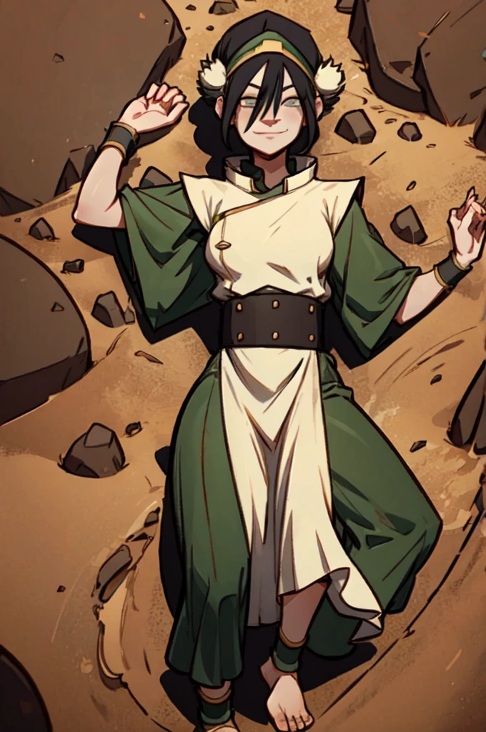 toph bei fong, short black hair, white eyes, headband,hair ornament, blind, green chinese dress, tunic, barefoot, serious, smirk, lying, on back, spreading legs, on dirt, rocks, from_above, sunny,  high quality, masterpiece, 
 