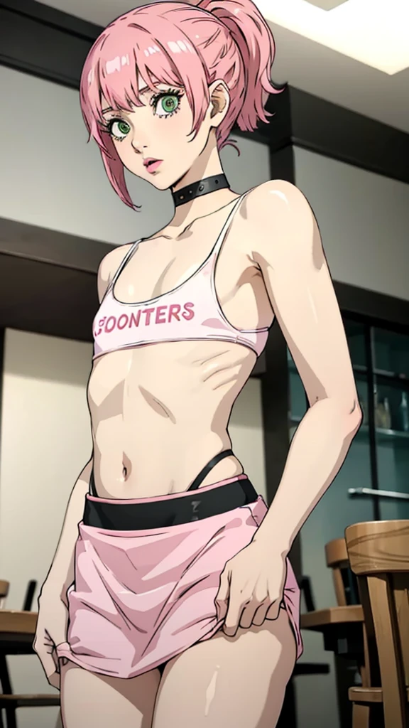 1 girl, green eyes, very Short hair, pink choker, lipstick, Shy, pink hair , tomboy Pixie haircut, femboy hooters, thicc legs,cowboy shot, flat chest, flat chest, ponytail