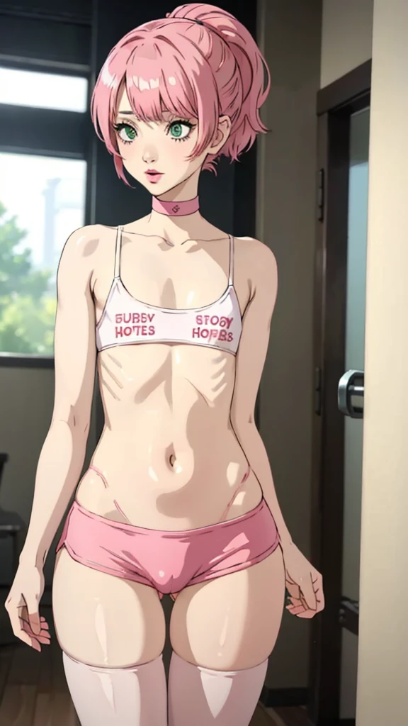 1 girl, green eyes, very Short hair, pink choker, lipstick, Shy, pink hair , tomboy Pixie haircut, femboy hooters, thicc legs,cowboy shot, flat chest, flat chest, ponytail 