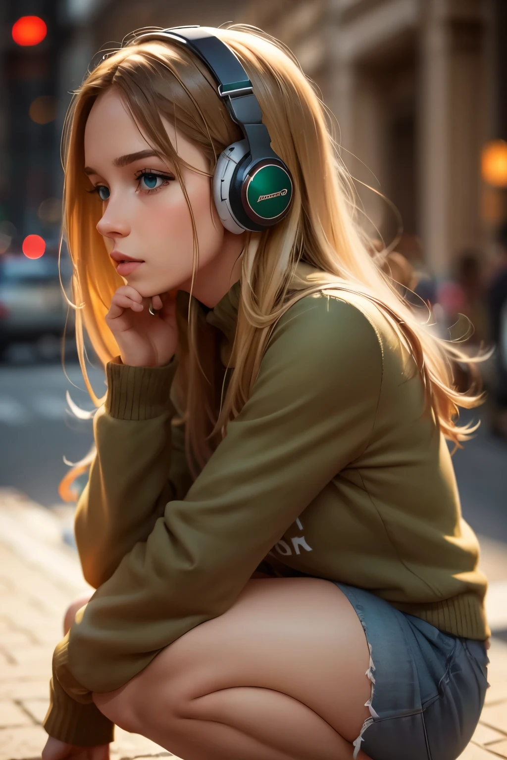 (masterpiece), (best quality, highres, highly-detailed, illustration), 1girl, solo, city, contemporary, profile picture closeup, blonde beige long hair, green eyes, beautiful detailed eyes, squatting, headphones, 8k, trending on ArtStation, featured on Pixiv