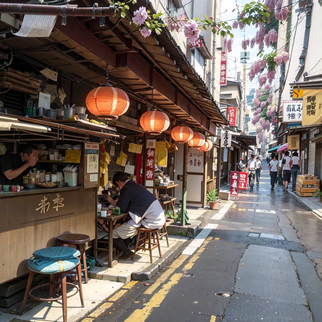 there are many tables and stools in the narrow alley, tokyo izakaya scene, in narrow tokyo alleyway, japanese street, tokyo alleyway, japanese downtown, old japanese street market, tea drinking and paper lanterns, in a tokyo street, tokyo street, with street food stalls, sitting in tokyo, kyoto japan setting, in the streets of tokyo