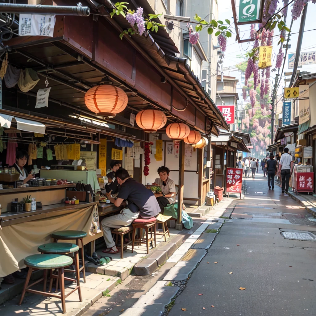 there are many tables and stools in the narrow alley, tokyo izakaya scene, in narrow tokyo alleyway, japanese street, tokyo alleyway, japanese downtown, old japanese street market, tea drinking and paper lanterns, in a tokyo street, tokyo street, with street food stalls, sitting in tokyo, kyoto japan setting, in the streets of tokyo