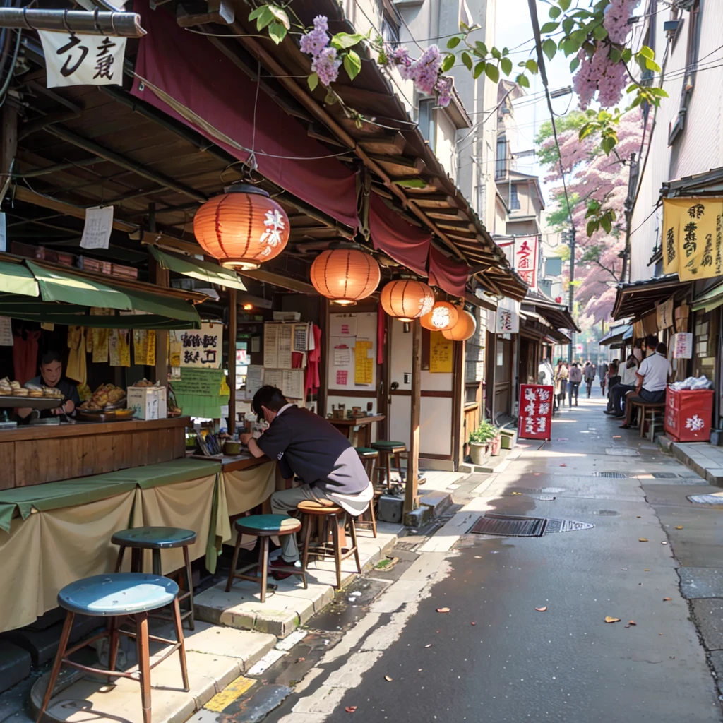 there are many tables and stools in the narrow alley, tokyo izakaya scene, in narrow tokyo alleyway, japanese street, tokyo alleyway, japanese downtown, old japanese street market, tea drinking and paper lanterns, in a tokyo street, tokyo street, with street food stalls, sitting in tokyo, kyoto japan setting, in the streets of tokyo
