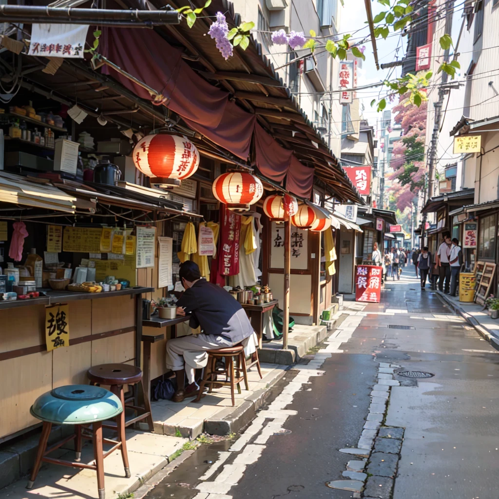 there are many tables and stools in the narrow alley, tokyo izakaya scene, in narrow tokyo alleyway, japanese street, tokyo alleyway, japanese downtown, old japanese street market, tea drinking and paper lanterns, in a tokyo street, tokyo street, with street food stalls, sitting in tokyo, kyoto japan setting, in the streets of tokyo