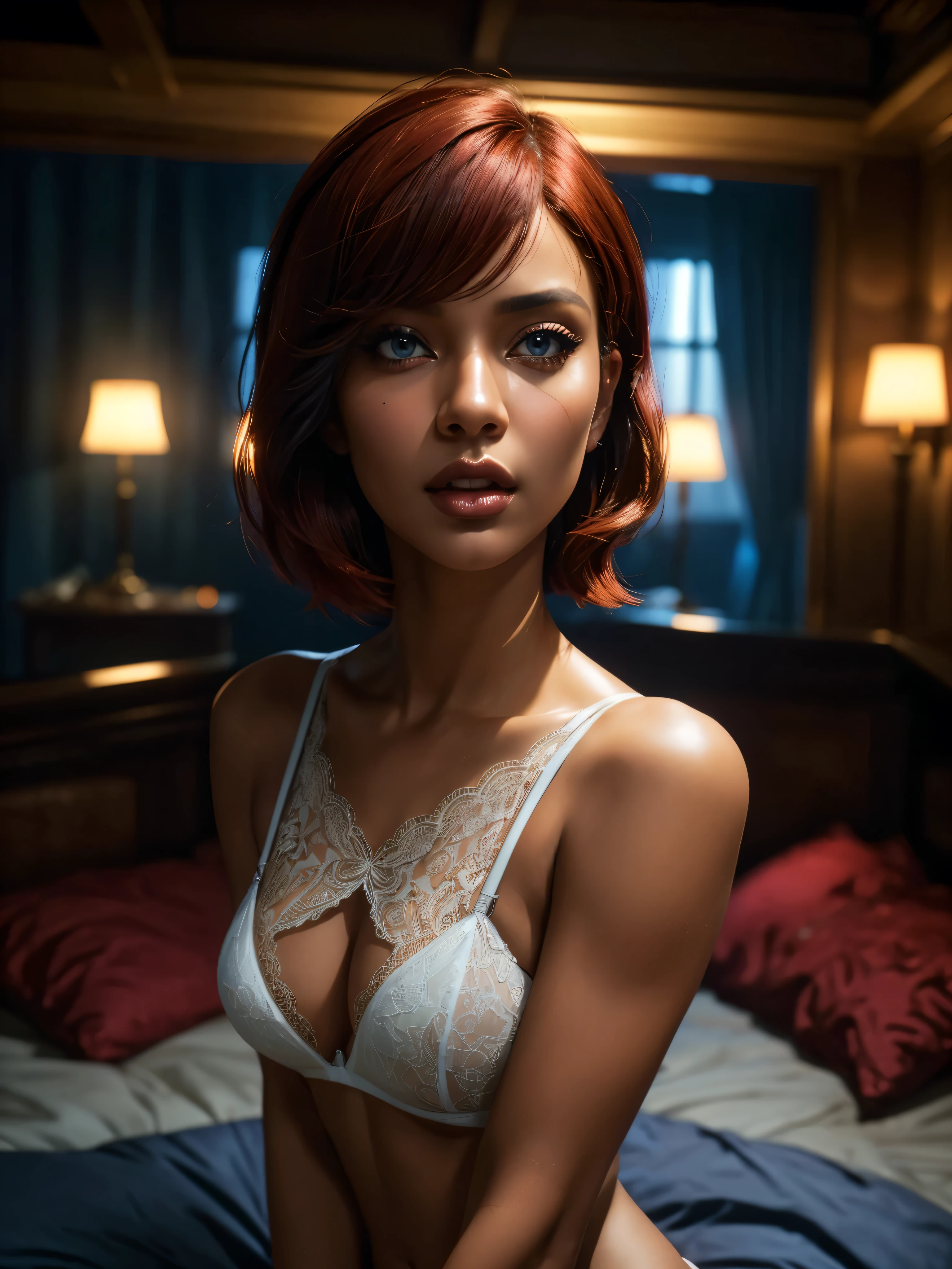 a beautiful woman with dark skin, red bob haircut, expressive blue eyes, wearing white lace lingerie, in a bedroom setting with a sexy, erotic atmosphere, (best quality,4k,8k,highres,masterpiece:1.2),ultra-detailed,(realistic,photorealistic,photo-realistic:1.37),portrait,chiaroscuro lighting,dramatic lighting,cinematic,dramatic colors,rich colors,glowing skin,detailed facial features,sensual,alluring, intricate details,dramatic lighting,cinematic composition,sensual,captivating expression,alluring. HDMI, HDRI, UDHD,((Diffuse effect)), ((volume effect 1.1)), ((Depth of field 1.1)), ((fisheye lens)