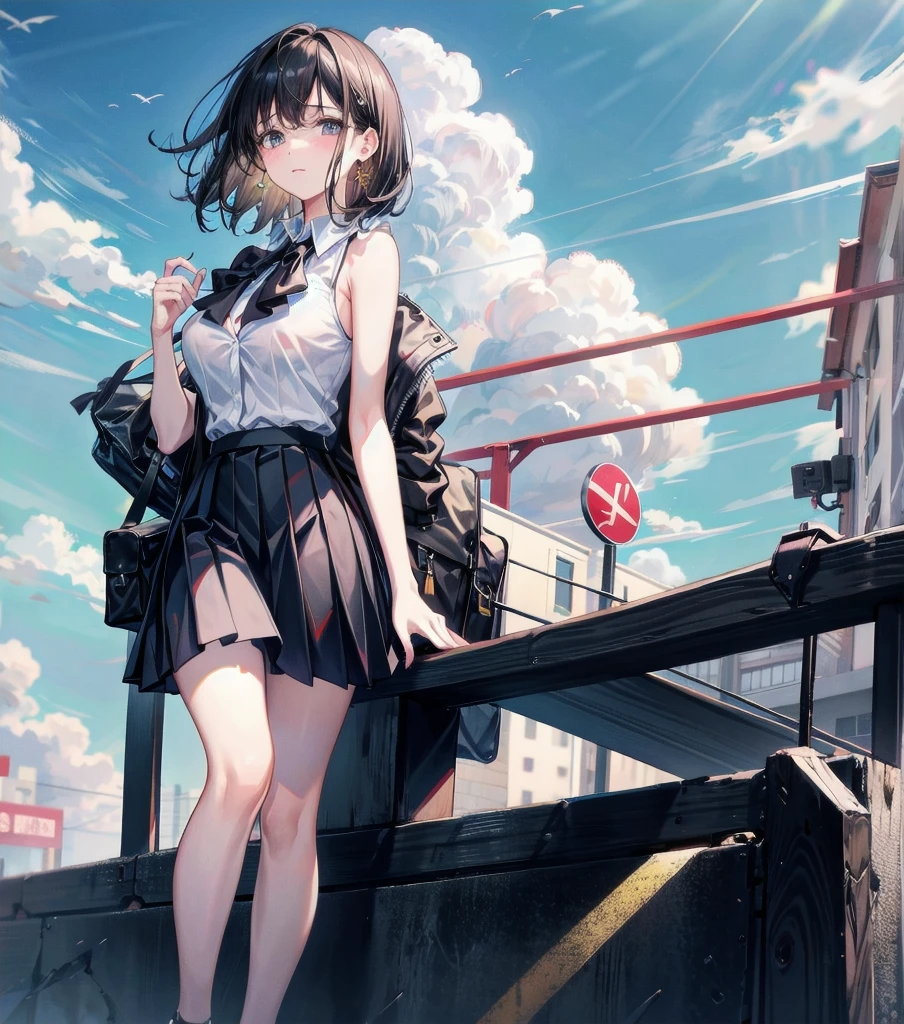 full body, delicate facial features, big tits, medium hair, black hair, tearful mole, earring, school_uniform, summer shirt, skirt, sleeveless,