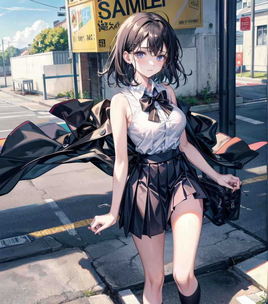 full body, delicate facial features, big tits, medium hair, black hair, tearful mole, earring, school_uniform, summer shirt, skirt, sleeveless,