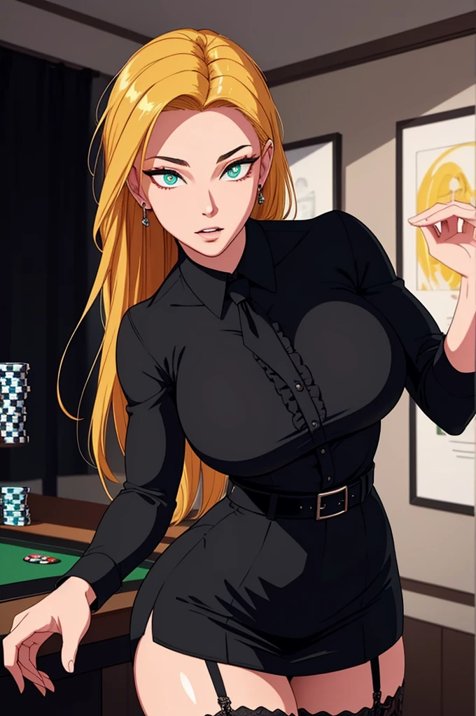 (masterpiece, highres, best quality:1.2), 8K, highly detailed, intricate, colorful, vibrant image, sharp focus, cinematic)  blonde hair, long hair, green eyes, body builder (Wearing black business outfit, black_collared shirt cropped jacket ,tie,necktie,black frilled skirt, garter straps, leather waist belt) (big perfect round breasts,hourglass body, thin waist,very thin waist, Photo realistic,(hyperrealistic:1)beautiful, masterpiece, best quality, extremely detailed face,perfect face,beautiful face, perfect lighting,detailed eye makeup, detail face, nice detailed eyes,nice hands, perfect hands,glowing eyes (realistic pupils,realistic iris:1) heavy eye makeup,(empty Casino)(Posing dynamically)