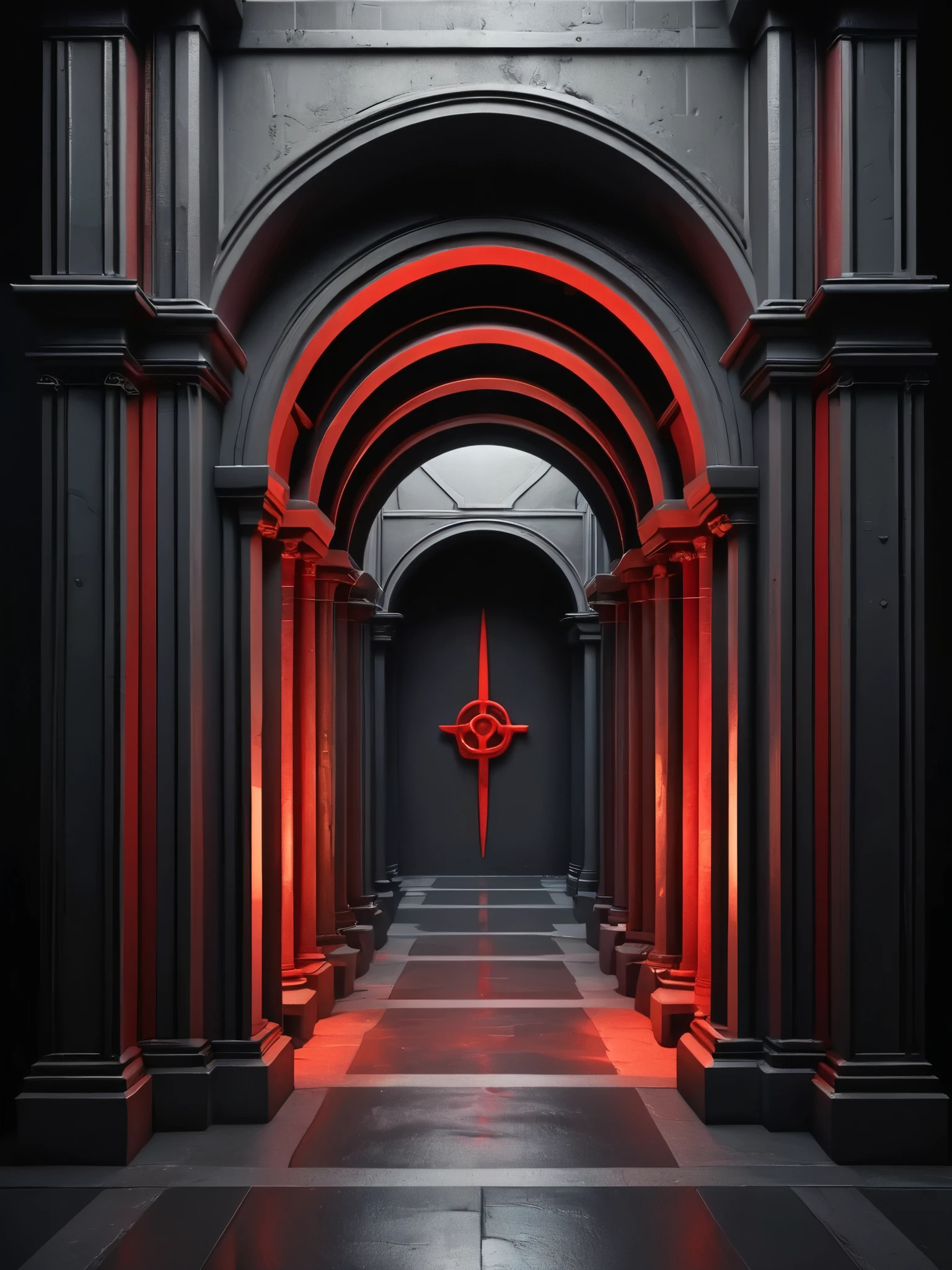 tunel, infernal themed futuristic background image, palacio hell, symmetrical image, hell, dark gray wall, negro, red, puertas al hell columnas iglesia, infinite arcs.