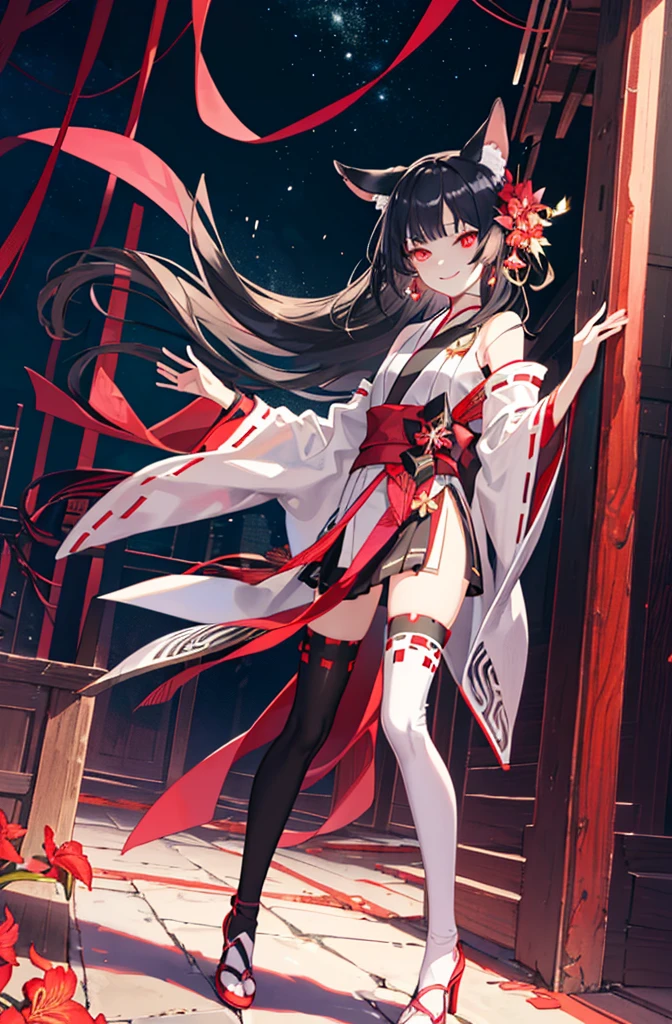 [(detailed Background:1.4)::5],Original,(Illustration:1.1),(Best Quality),(masutepiece:1.1),(the Extremely Detailed CG Unity 8K Wallpapers:1.1), (Colorful:0.9),(mid-shot:0.95),(very detailed beautiful full body),Dynamic Angle,(Solo:1.2), (girl),(((Adult))), (Detailed beautiful eyes:1.15), (Beautiful face:1.15), (glowing red eyes:1.25////),(black hair),paleskin，Pink pupils，Red bow，amaryllis，((Evil smile))，Crystal earrings on the ears，Raven feather skirt,full body,wearing miko thighhighs,((black long hair)),black long hair,night,slim body,thin legs,slender,