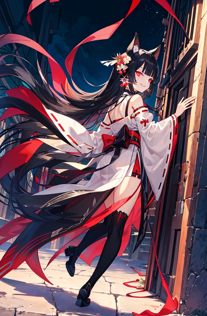 [(detailed Background:1.4)::5],Original,(Illustration:1.1),(Best Quality),(masutepiece:1.1),(the Extremely Detailed CG Unity 8K Wallpapers:1.1), (Colorful:0.9),(mid-shot:0.95),(very detailed beautiful full body),Dynamic Angle,(Solo:1.2), (girl),(((Adult))), (Detailed beautiful eyes:1.15), (Beautiful face:1.15), (glowing red eyes:1.25////),(black hair),paleskin，Pink pupils，Red bow，amaryllis，((Evil smile))，Crystal earrings on the ears，Raven feather skirt,full body,wearing miko thighhighs,((black long hair)),black long hair,night,slim body,thin legs,slender,
