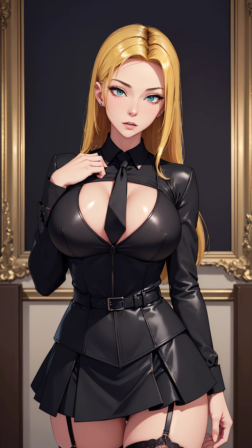 (masterpiece, highres, best quality:1.2), 8K, highly detailed, intricate, colorful, vibrant image, sharp focus, cinematic)  blonde hair, long hair, green eyes, body builder (Wearing black business outfit, black_collared shirt cropped jacket ,tie,necktie,black frilled skirt, garter straps, leather waist belt) (big perfect round ,hourglass body, thin waist,very thin waist, Photo realistic,(hyperrealistic:1)beautiful, masterpiece, best quality, extremely detailed face,perfect face,beautiful face, perfect lighting,detailed eye makeup, detail face, nice detailed eyes,nice hands, perfect hands,glowing eyes (realistic pupils,realistic iris:1) heavy eye makeup,(empty Casino)(Posing dynamically)
