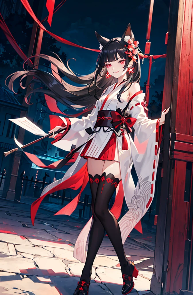 [(detailed Background:1.4)::5],Original,(Illustration:1.1),(Best Quality),(masutepiece:1.1),(the Extremely Detailed CG Unity 8K Wallpapers:1.1), (Colorful:0.9),(mid-shot:0.95),(very detailed beautiful full body),Dynamic Angle,(Solo:1.2), (girl),(((Adult))), (Detailed beautiful eyes:1.15), (Beautiful face:1.15), (glowing red eyes:1.25////),(black hair),paleskin，Pink pupils，Red bow，amaryllis，((Evil smile))，Crystal earrings on the ears，Raven feather skirt,full body,wearing miko thighhighs,((black long hair)),black long hair,night,slim body,thin legs,slender,