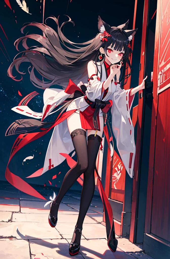 [(detailed Background:1.4)::5],Original,(Illustration:1.1),(Best Quality),(masutepiece:1.1),(the Extremely Detailed CG Unity 8K Wallpapers:1.1), (Colorful:0.9),(mid-shot:0.95),(very detailed beautiful full body),Dynamic Angle,(Solo:1.2), (girl),(((Adult))), (Detailed beautiful eyes:1.15), (Beautiful face:1.15), (glowing red eyes:1.25////),(black hair),paleskin，Pink pupils，Red bow，amaryllis，((Evil smile))，Crystal earrings on the ears，Raven feather skirt,full body,wearing miko thighhighs,((black long hair)),black long hair,night,slim body,thin legs,slender,