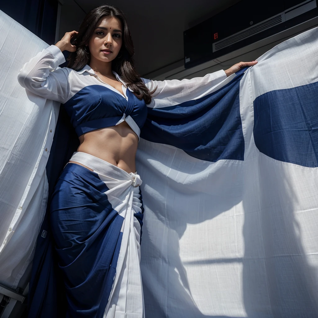 A beautiful gorgeous cute white airhostess wearing an ultra low waist saree as airline uniform and standing inside a plane, her saree is dark blue, the angle shows everything and is far, Ultra realistic, natural, UHD, detailed, accurate, photorealistic, 8K resolution