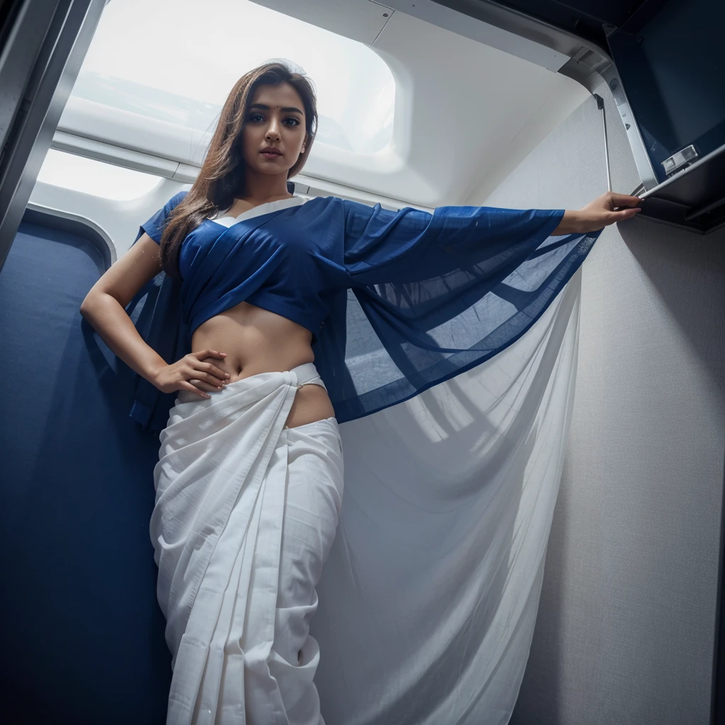 A beautiful gorgeous cute white airhostess wearing an ultra low waist saree as airline uniform and standing inside a plane, her saree is dark blue, the angle shows everything and is far, Ultra realistic, natural, UHD, detailed, accurate, photorealistic, 8K resolution