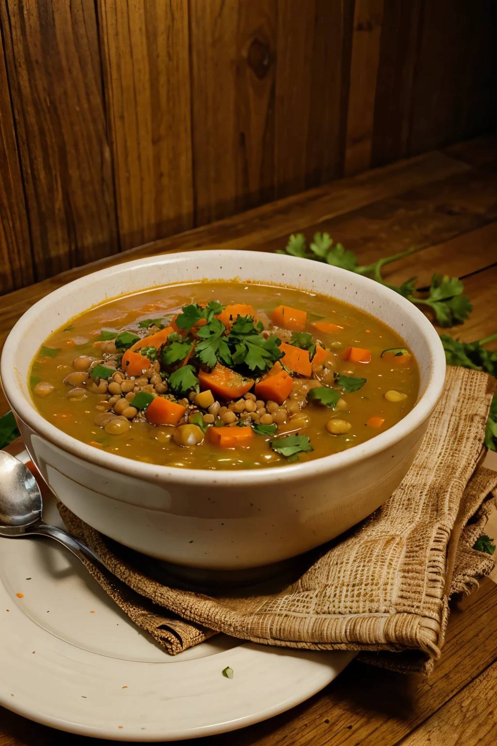 a bowl of lentil soup with onion, carrot, table, tomato, zucchini, garnished with fresh chopped parsley, photo realistic style