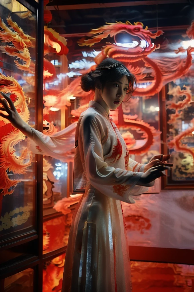 A white hologram dragon, 1 girl with large breasts (wearing a red cheongsam:1.5), dramatic shot (sky glowing red, visually striking, add dynamic and visually appealing elements to a poster:1.2), Chinese sun style, impressive illustration