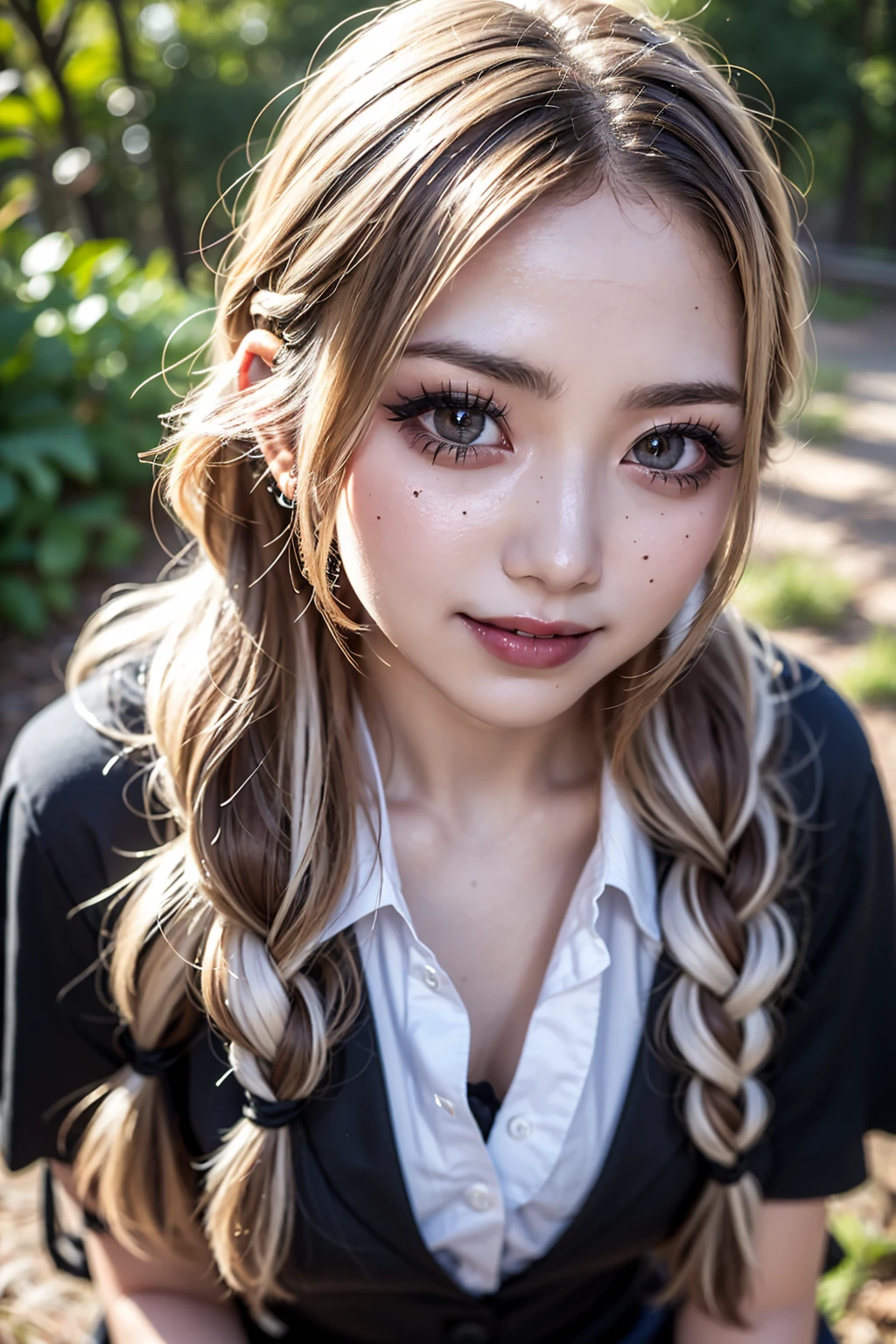 Realistic, masterpiece, Highest quality, Highest Resolution, High Detail, Soft Light, Professional Lighting, Backlight, Film Grain, The background is blurred, Japanese , (The subject was photographed from above at an angle, The subject does not look at the camera:1.3), 16 years old, Upper body photo, Looks sleepy, inattention, Grinning, Open your mouth, Beautiful and detailed eye drawing, (Droopy eyes:1.3), Dark Eyes, Thin eyebrows, Draw eyelashes carefully, Eyelash extensions, Gal Makeup, Orange Cheek, (White brown wavy hair, Long Hair, Braid, middle part:1.3), (Hidden eyelid wrinkles:1.3), (Gothic summer school uniform:1.3), (Summer forest:1.3)