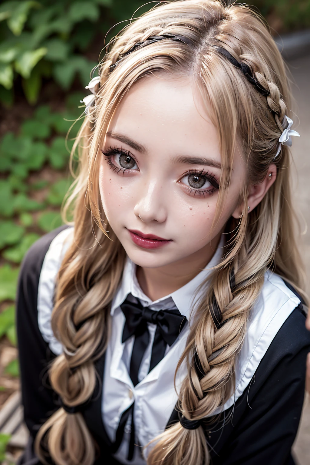 Realistic, masterpiece, Highest quality, Highest Resolution, High Detail, Soft Light, Professional Lighting, Backlight, Film Grain, The background is blurred, Japanese , (The subject was photographed from above at an angle, The subject does not look at the camera:1.3), 16 years old, Upper body photo, Looks sleepy, inattention, Grinning, Open your mouth, Beautiful and detailed eye drawing, (Droopy eyes:1.3), Dark Eyes, Thin eyebrows, Draw eyelashes carefully, Eyelash extensions, Gal Makeup, Orange Cheek,  (White brown wavy hair, Long Hair, Braid, middle part:1.3), (Hidden eyelid wrinkles:1.3), (Gothic summer school uniform:1.3), (Summer forest:1.3)